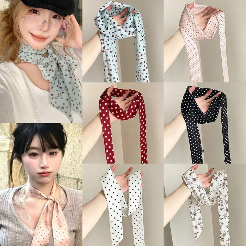 Silk Neck Scarf - 폴카 도트 꽃무늬 프린트 실크 스카프