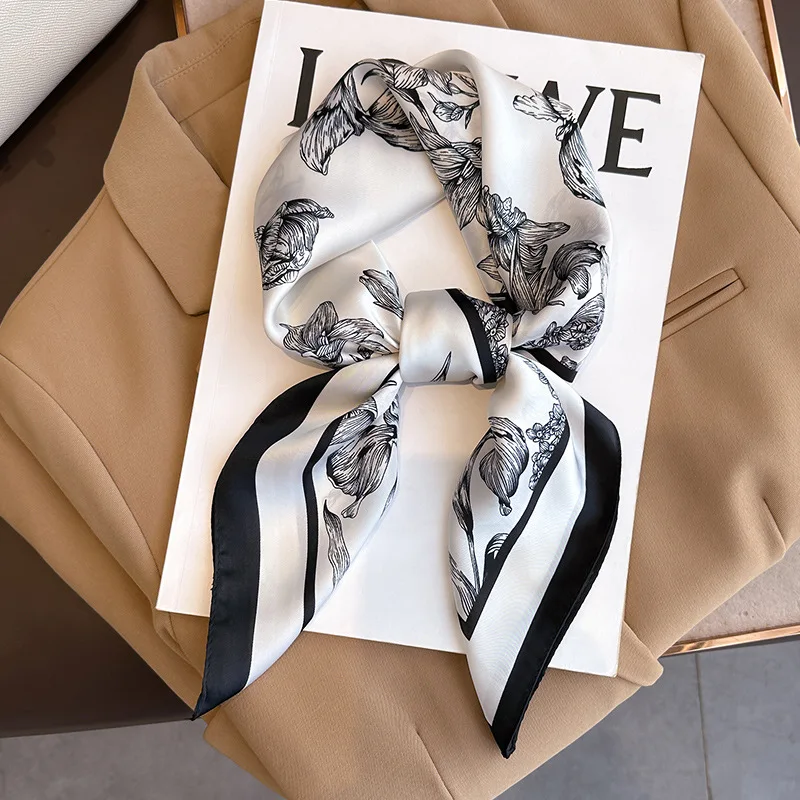 Silk Neck Scarf - 여성용 플라워 프린트 실크 스퀘어 스카프,